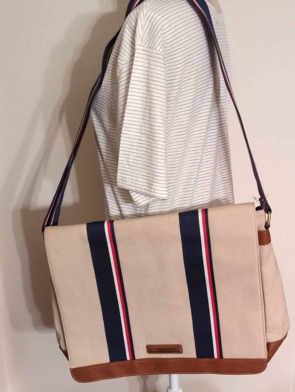 Tommy Hilfiger Beige Canvas Messenger Bag with Navy and Red Stripe Accent, NWOT